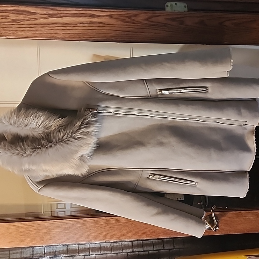 Calvin Klein Gray Teddy Jacket with Fur Trim